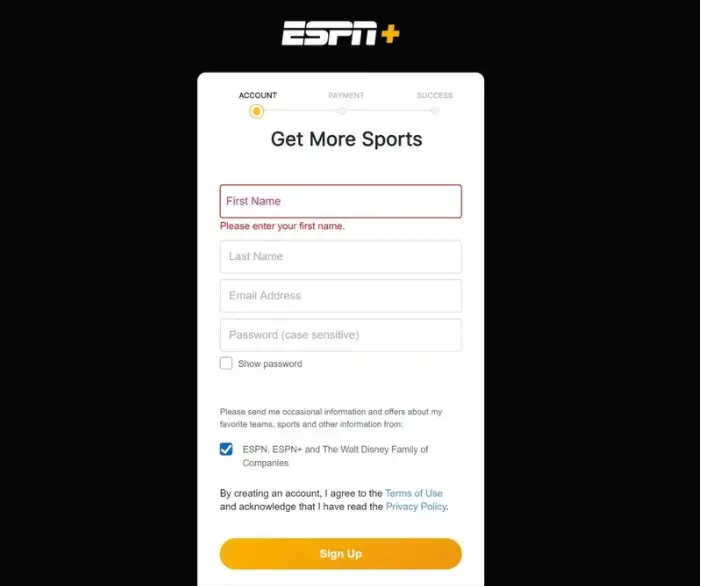 ESPN PLus Sign up process
