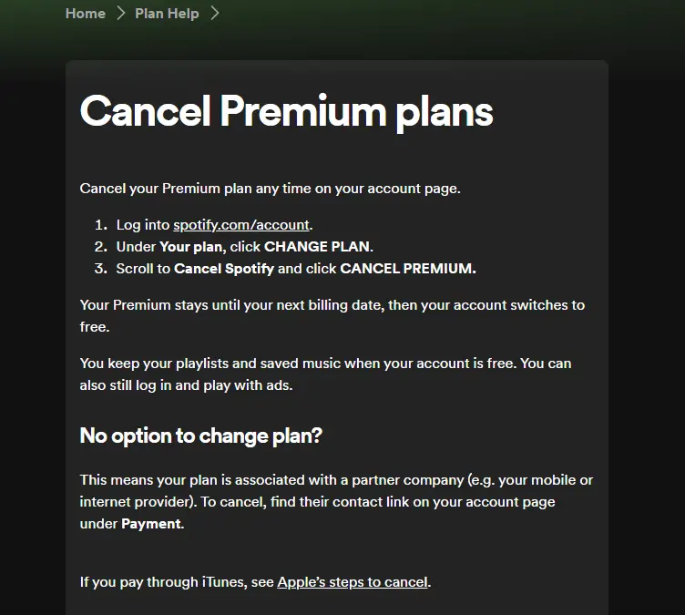 Cancel Spotify premium plans
